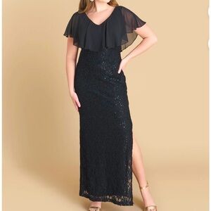 Women’s Formal Dress Size 8 CONNECTED APPAREL Black Cape Maxi Sequin Lace NEW